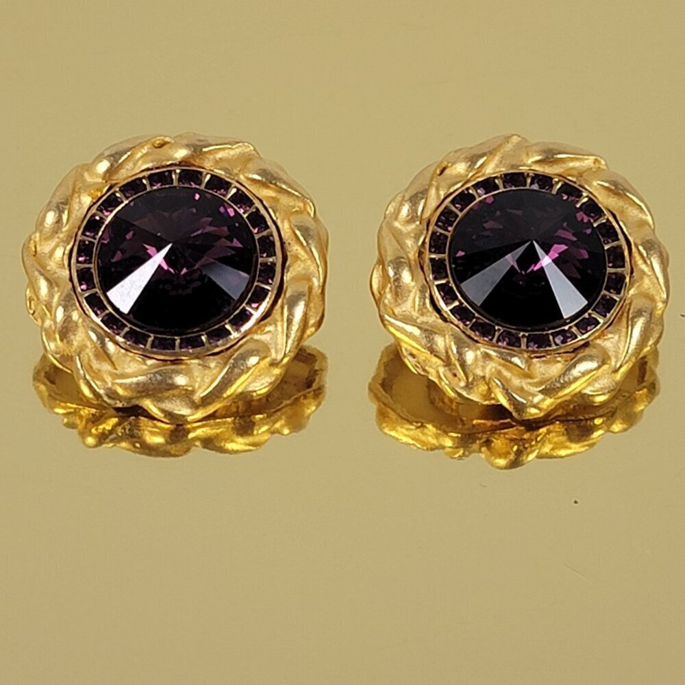 Vintage Gold-Tone Large Amethyst Rhinestone Statement Earrings 1.25 In Clip-On
